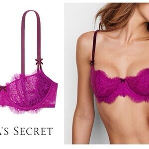 Victoria's Secret Cream Angels Wicked Unlined Lace and Velvet Fuchsia Bra